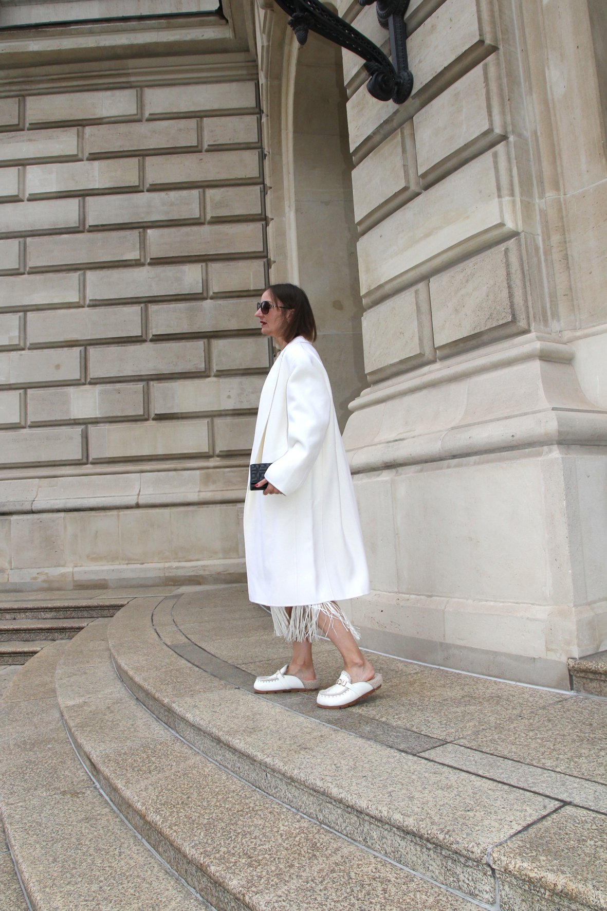 Monochromatic White Wool Coat with Fringe Dress Monochromatic White Wool Coat with Fringe Dress — Wool Coat Outfits