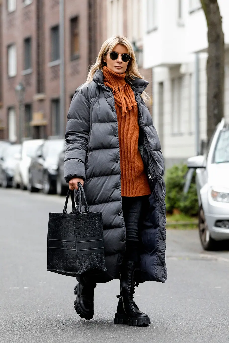 Puffer Coat and Orange Turtleneck with Black Skinny Jeans Puffer Coat and Orange Turtleneck with Black Skinny Jeans — Winter Outfits with Jeans