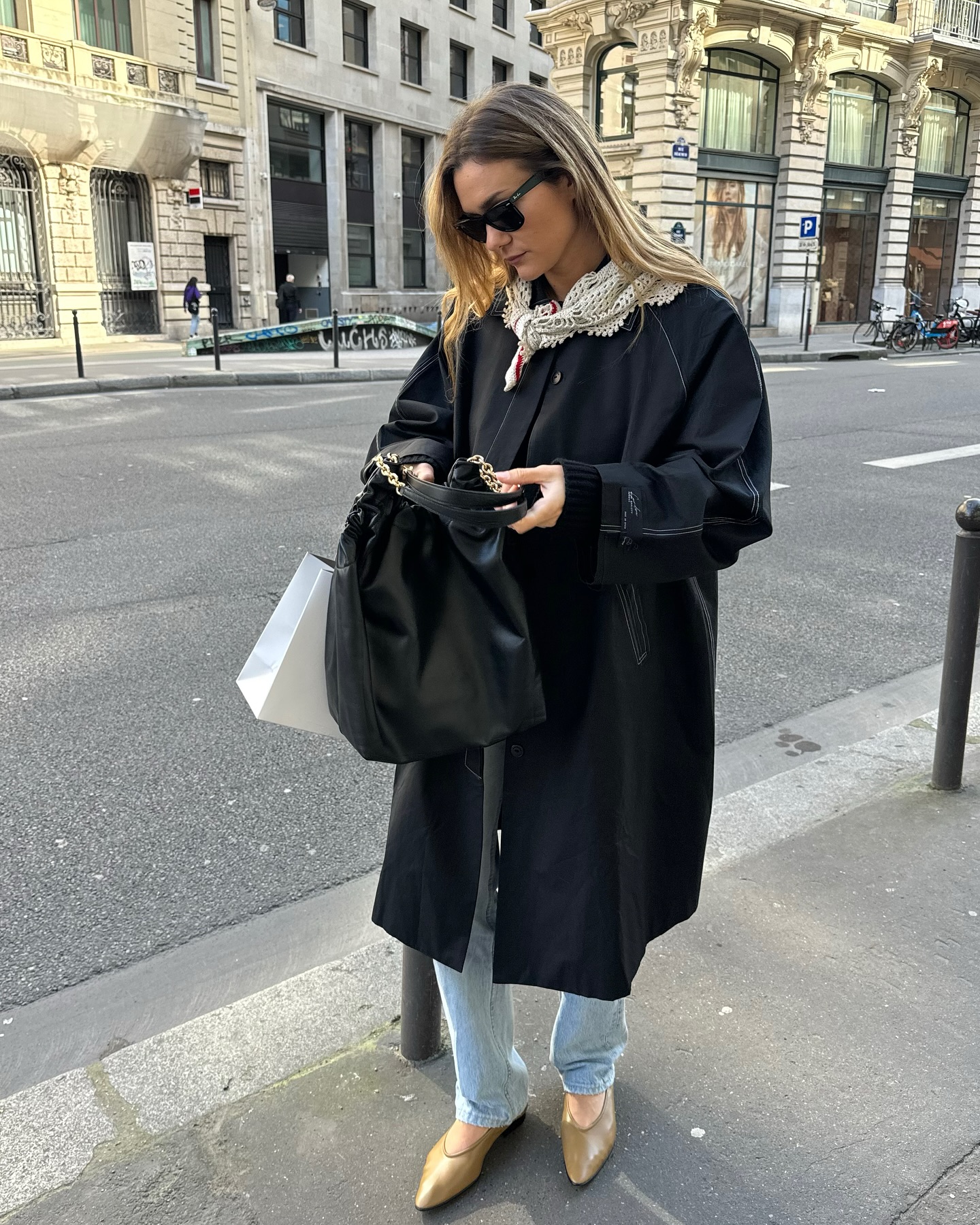 Black Car Coat with White Stitching and Gold Flats Black Car Coat with White Stitching and Gold Flats — Car Coat Outfits