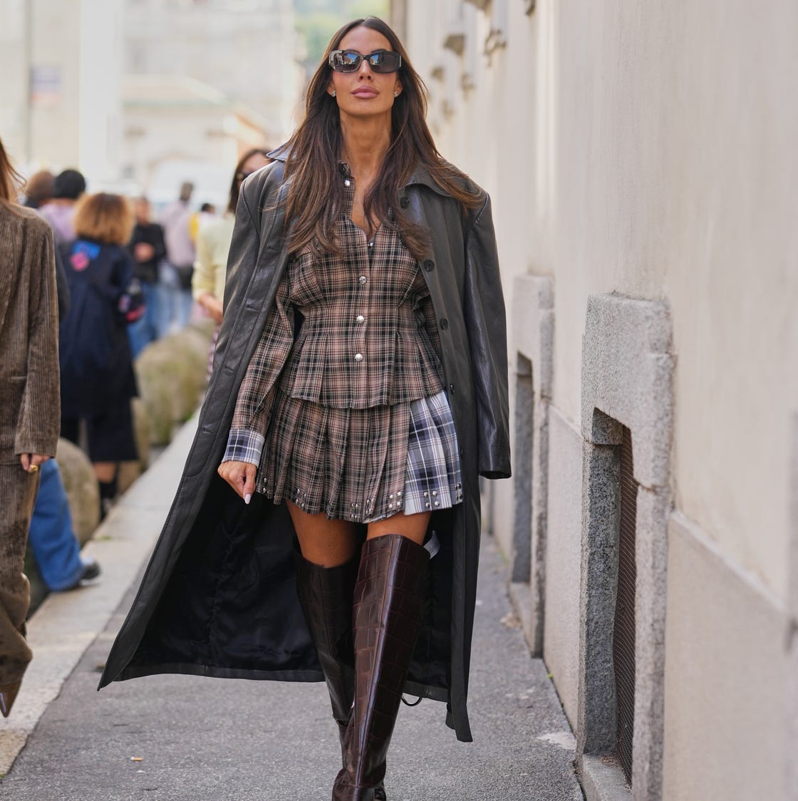 Leather Trench Coat with Plaid Mini Skirt and Knee-High Boots — Winter Outfits