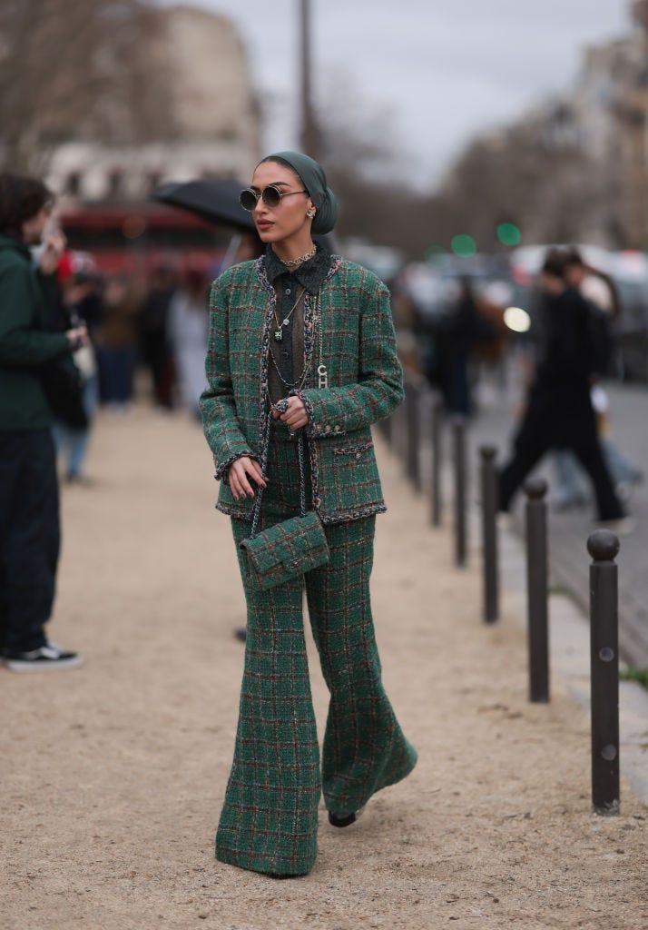 Green Plaid Tweed Suit with Grey Collared Shirt Green Plaid Tweed Suit with Grey Collared Shirt — Winter to Spring Transition Outfits