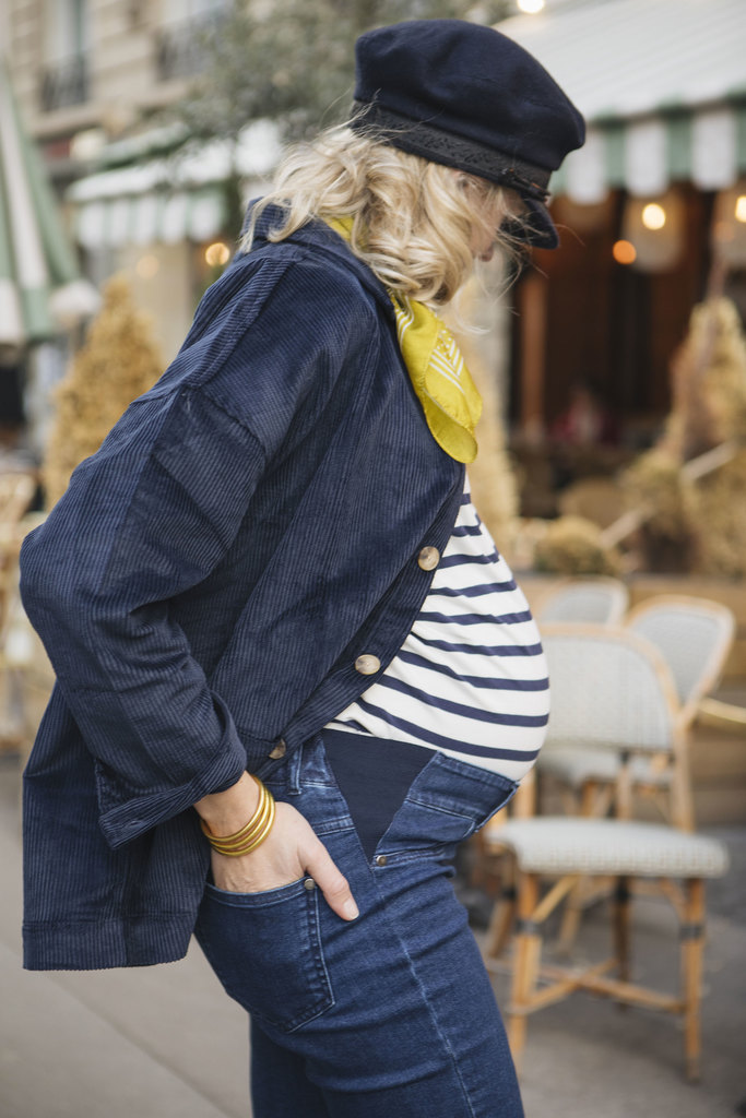 Black Leather Biker Jacket over Crew Neck and Overalls Black Leather Biker Jacket over Crew Neck and Overalls — Winter Maternity Outfits