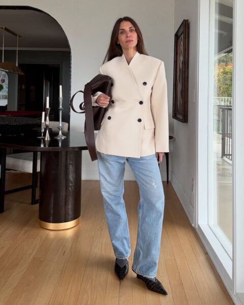 Cream Double-Breasted Blazer with Light Blue Jeans Cream Double-Breasted Blazer with Light Blue Jeans — Winter Date Night Outfits
