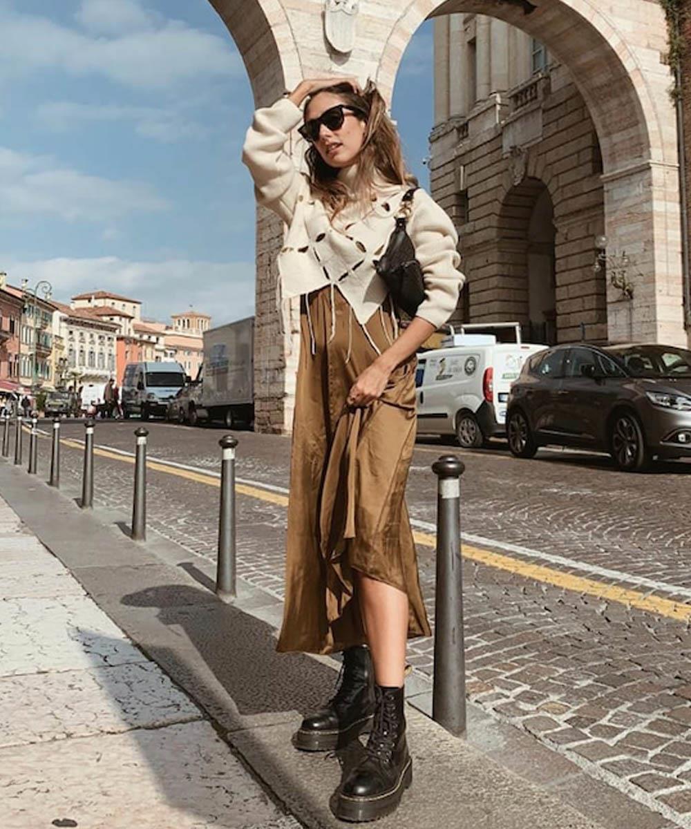 Satin Slip Dress and Cropped Cardigan with Combat Boots Satin Slip Dress and Cropped Cardigan with Combat Boots — Combat Boots Outfits