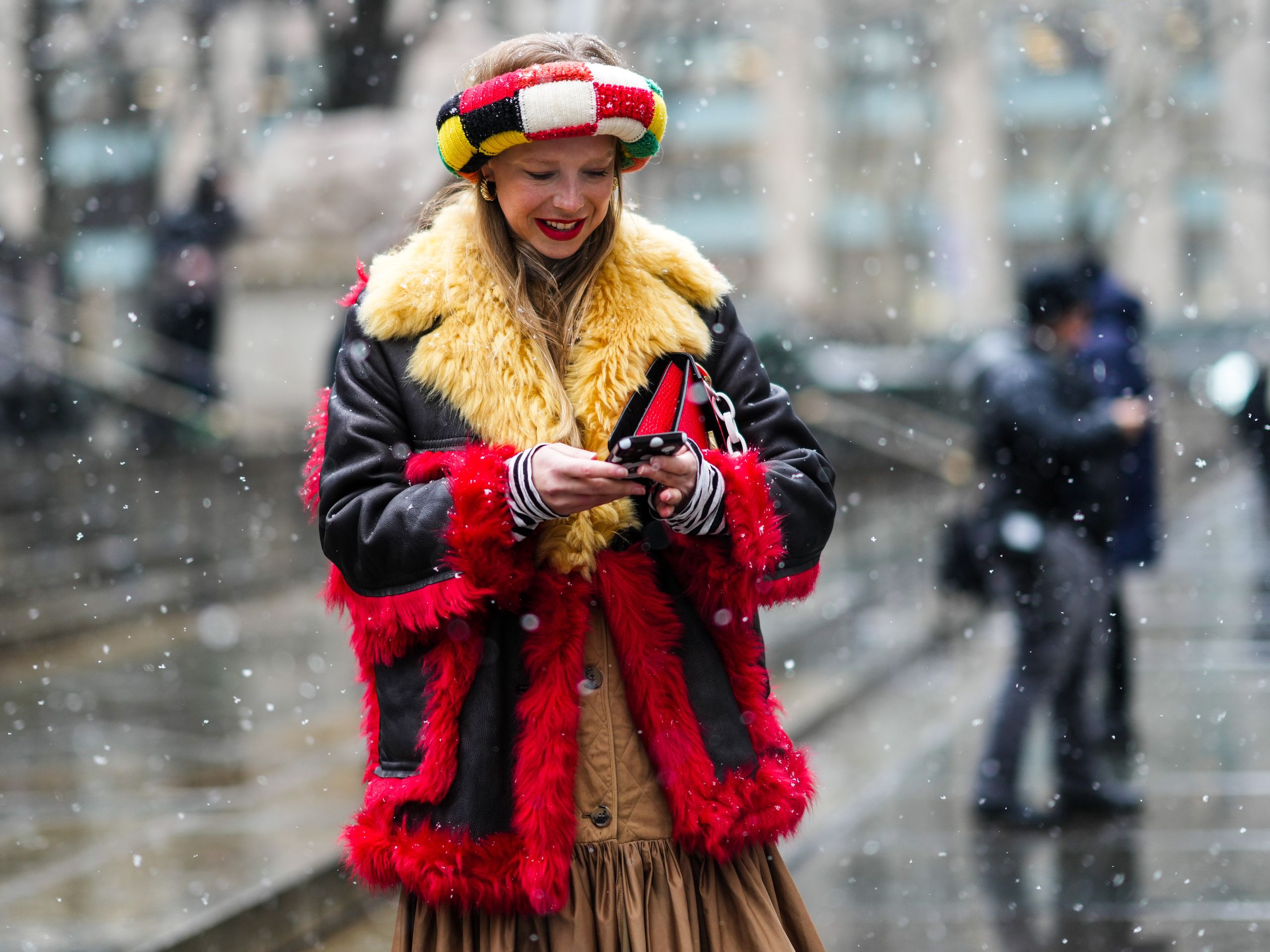 Vibrant Faux Fur Jacket with Midi Dress for a Snow Day Statement — Snow Day Outfits