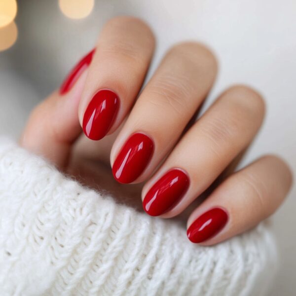 Vibrant High-Gloss Red Medium Oval — Winter Red Nails