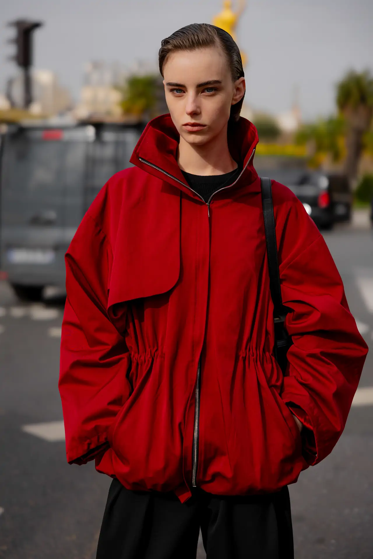 Vibrant Red Oversized Parka Over a Black T-shirt Vibrant Red Oversized Parka Over a Black T-shirt — Parka Outfits