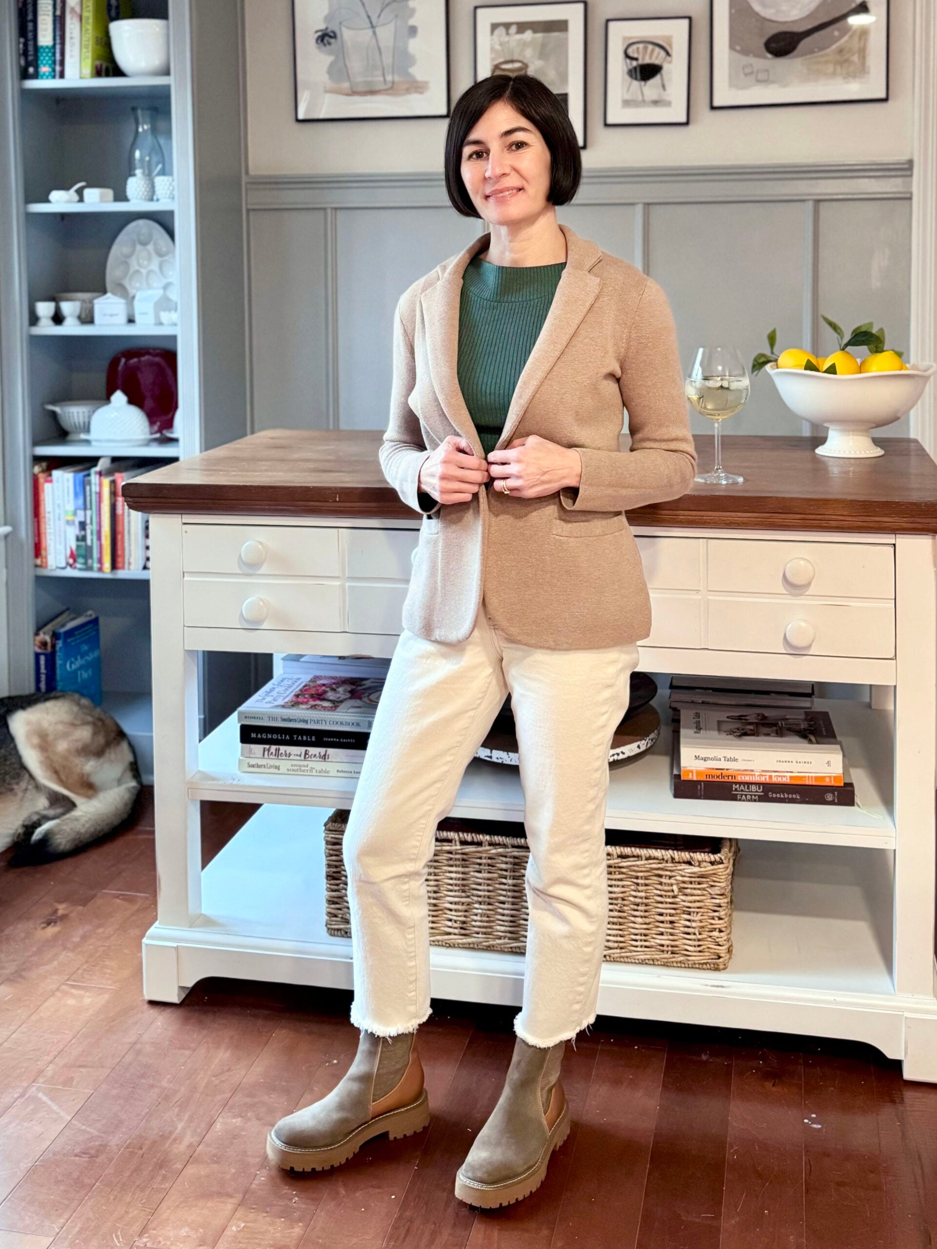 Beige Blazer and Green Sweater for a Smart Casual Look — Winter Outfits