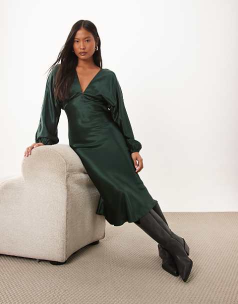 Dark Green Satin Midi Dress and Grey Boots Dark Green Satin Midi Dress and Grey Boots — Winter Outfits for Petite Women