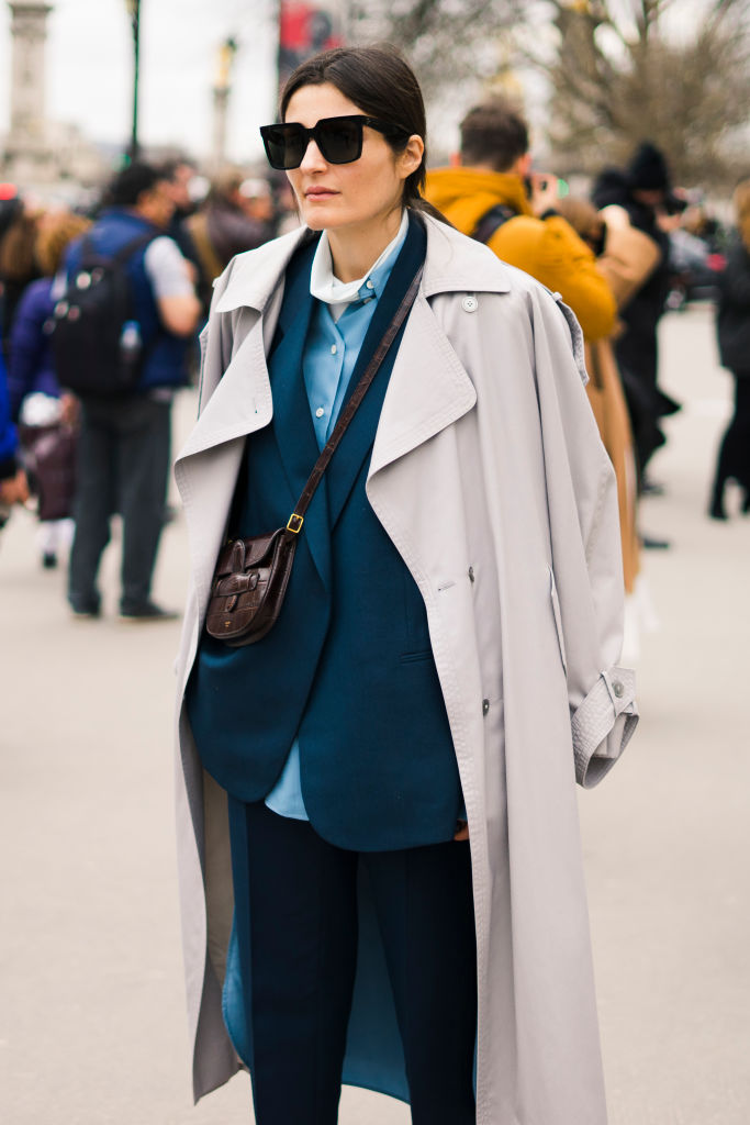 Layered Neutral T Trench Coat Over Blazer and Trousers — Minimalist Winter Outfits
