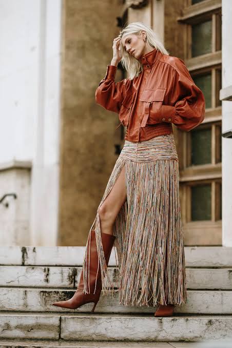 Vibrant Fringe Skirt with a Leather Jacket Vibrant Fringe Skirt with a Leather Jacket — Boho Winter Outfits