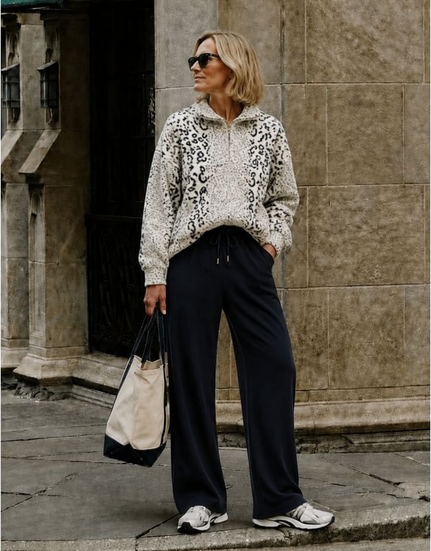 Casual Cool with Leopard Fleece and Navy Sweatpants Casual Cool with Leopard Fleece and Navy Sweatpants — Sweatpants Outfits