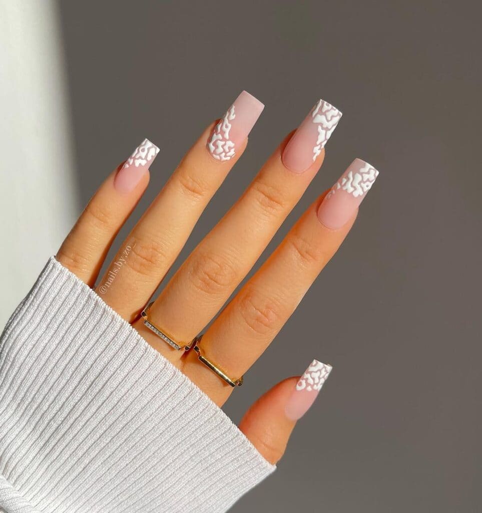 Long Square Matte Pink with White Lace Tips — Winter Square Nails