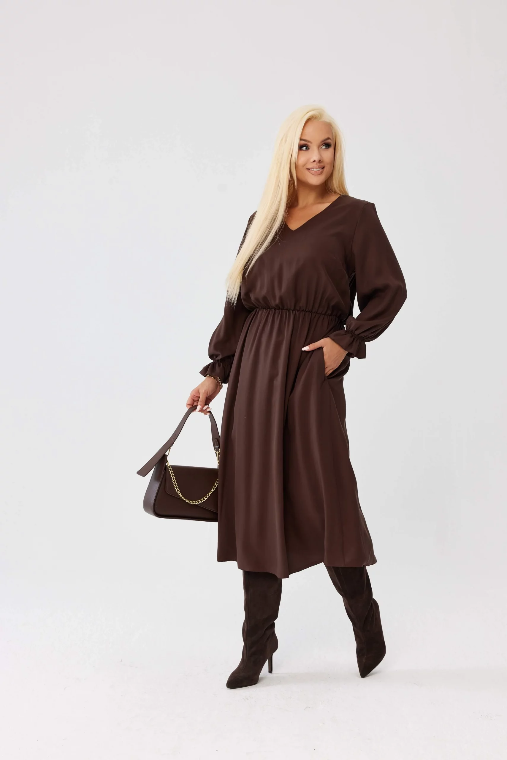 Chocolate Brown Midi Dress with Suede Knee-High Boots — Winter Outfits for Plus Size Women
