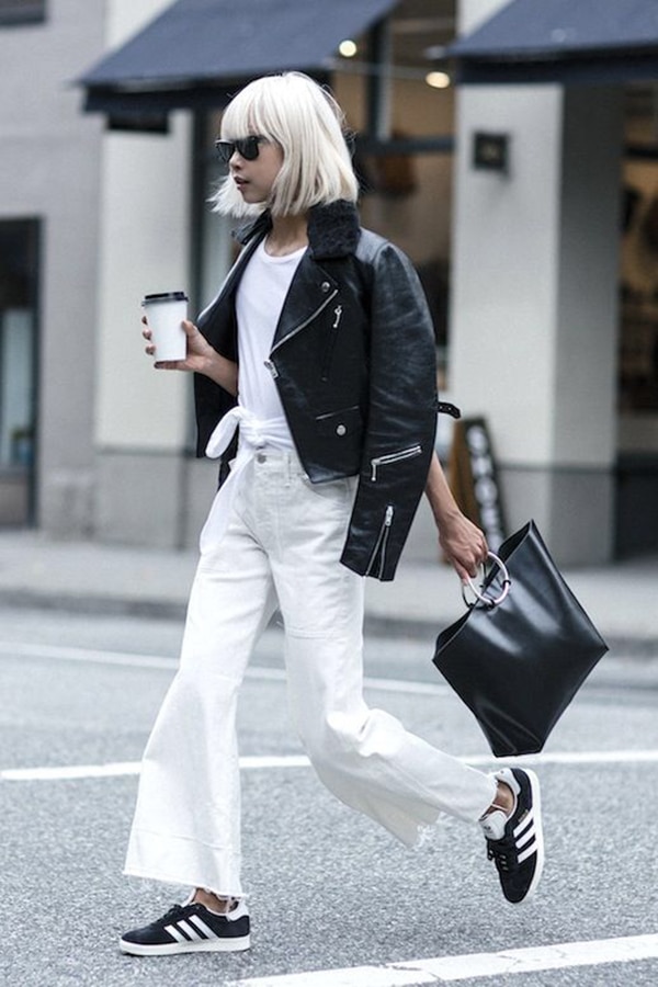 White Wide-Leg Jeans with Black Leather Biker Jacket White Wide-Leg Jeans with Black Leather Biker Jacket — Winter White Outfits