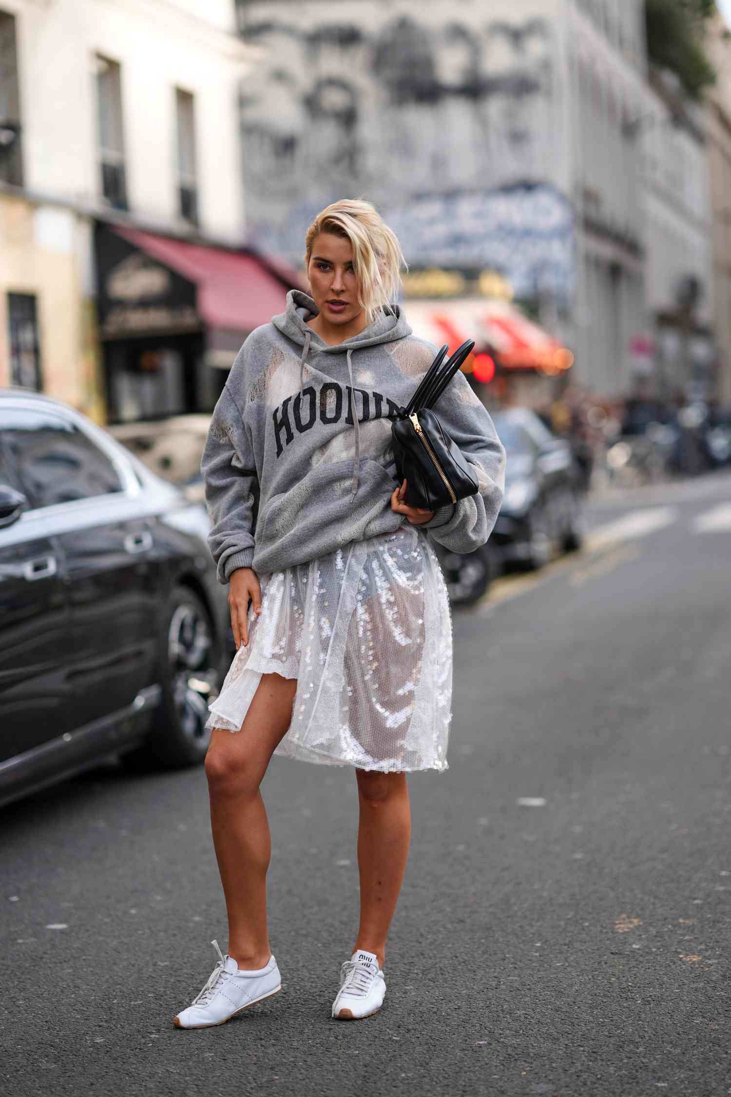 Unexpected Contrast: Hoodie with Sequin Mini Skirt Unexpected Contrast: Hoodie with Sequin Mini Skirt — Hoodie Outfits