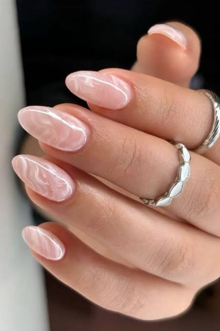 Subtle Pale Pink Marble Almond Nails — Winter Marble Nails