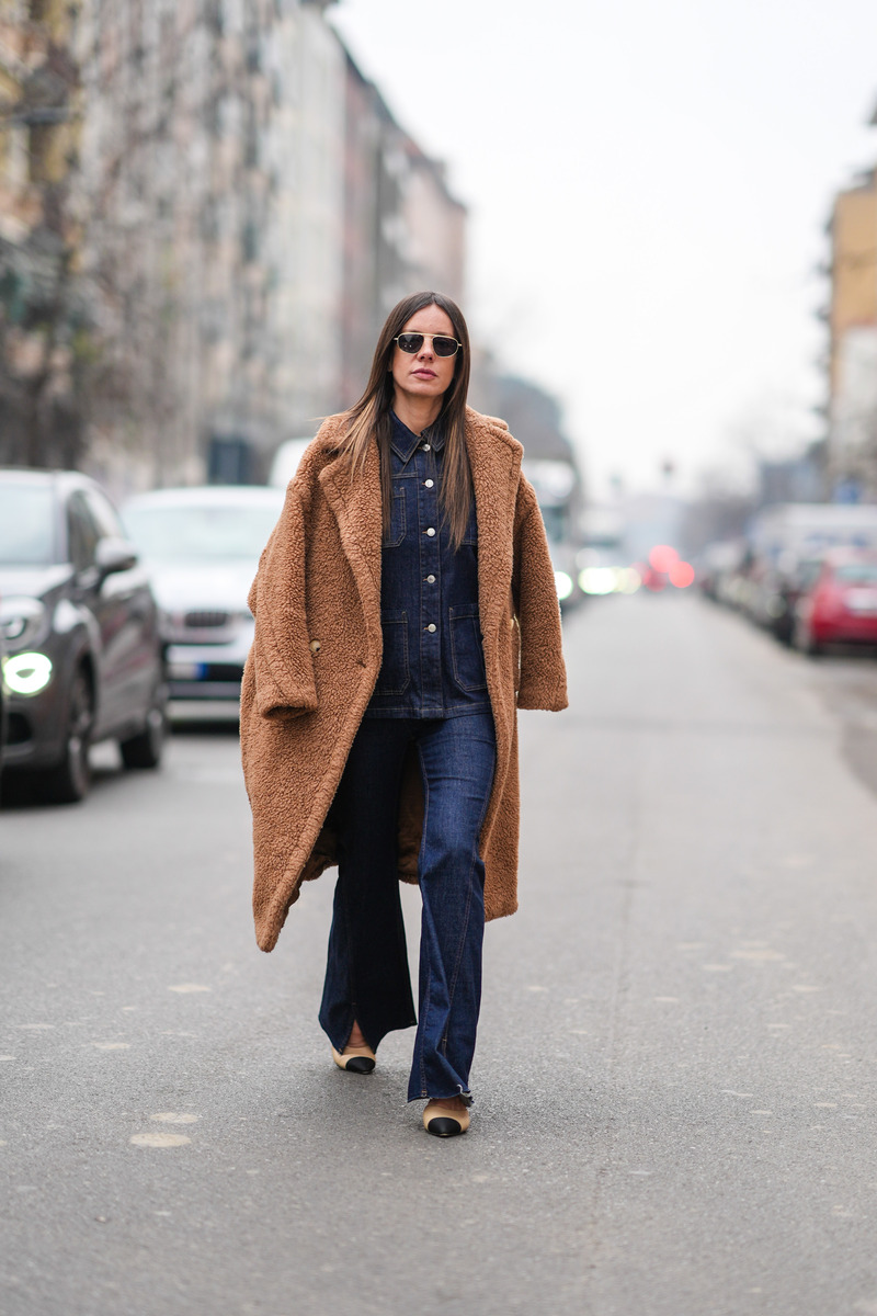 Camel Teddy Coat with Denim Shirt and Flared Jeans — Teddy Coat Outfits