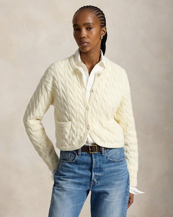 Cream Cable Knit Cropped Cardigan Over a Button-Up Cream Cable Knit Cropped Cardigan Over a Button-Up — Cardigan Outfits