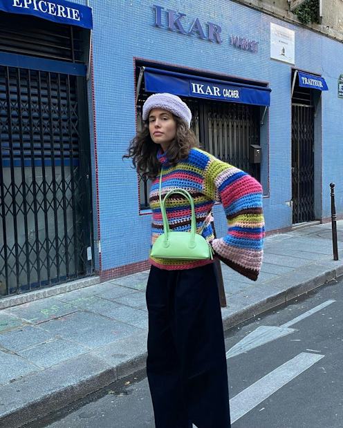 Artistic Flair: Crochet Sweater with Wide-Leg Trousers and Beret Artistic Flair: Crochet Sweater with Wide-Leg Trousers and Beret — February Outfits
