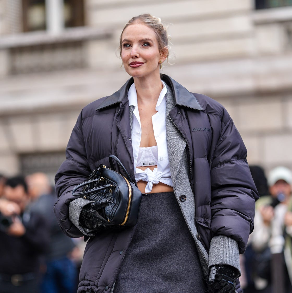 Layered Puffer Jacket with Blazer and Skirt — Winter Puffer Jacket Outfits