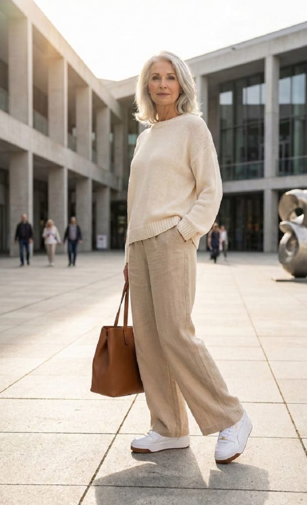 Cream Knit Sweater with Beige Wide-Leg Pants and Sneakers Cream Knit Sweater with Beige Wide-Leg Pants and Sneakers — Winter Outfits for Women Over 60