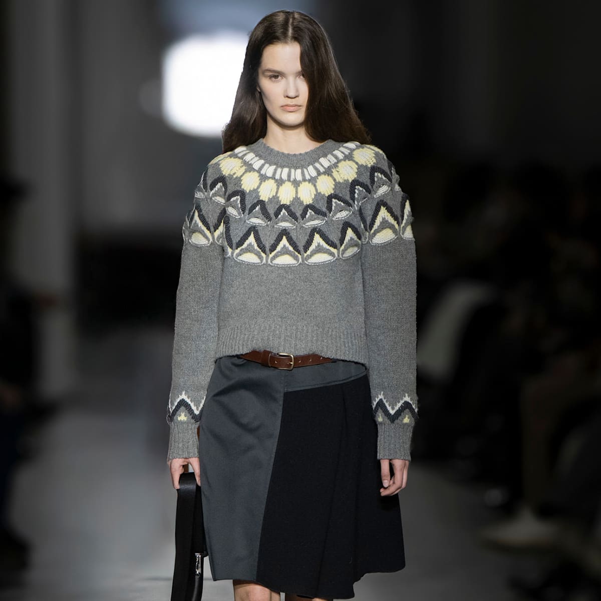Grey Fair Isle Sweater with Asymmetric Skirt and Belt for a Fashion Show Look Grey Fair Isle Sweater with Asymmetric Skirt and Belt for a Fashion Show Look — Fair Isle Sweater Outfits