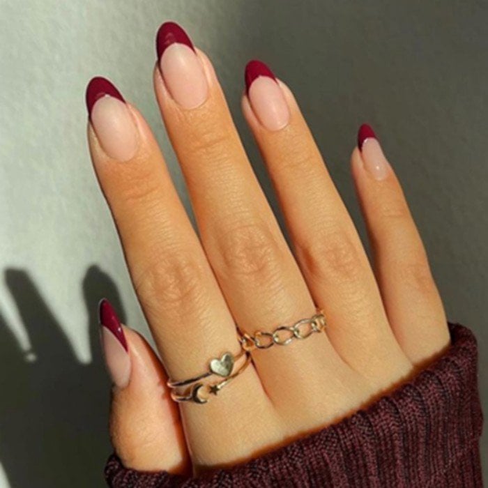 Medium Almond Rich Red French Tips — Winter French Tip Nails