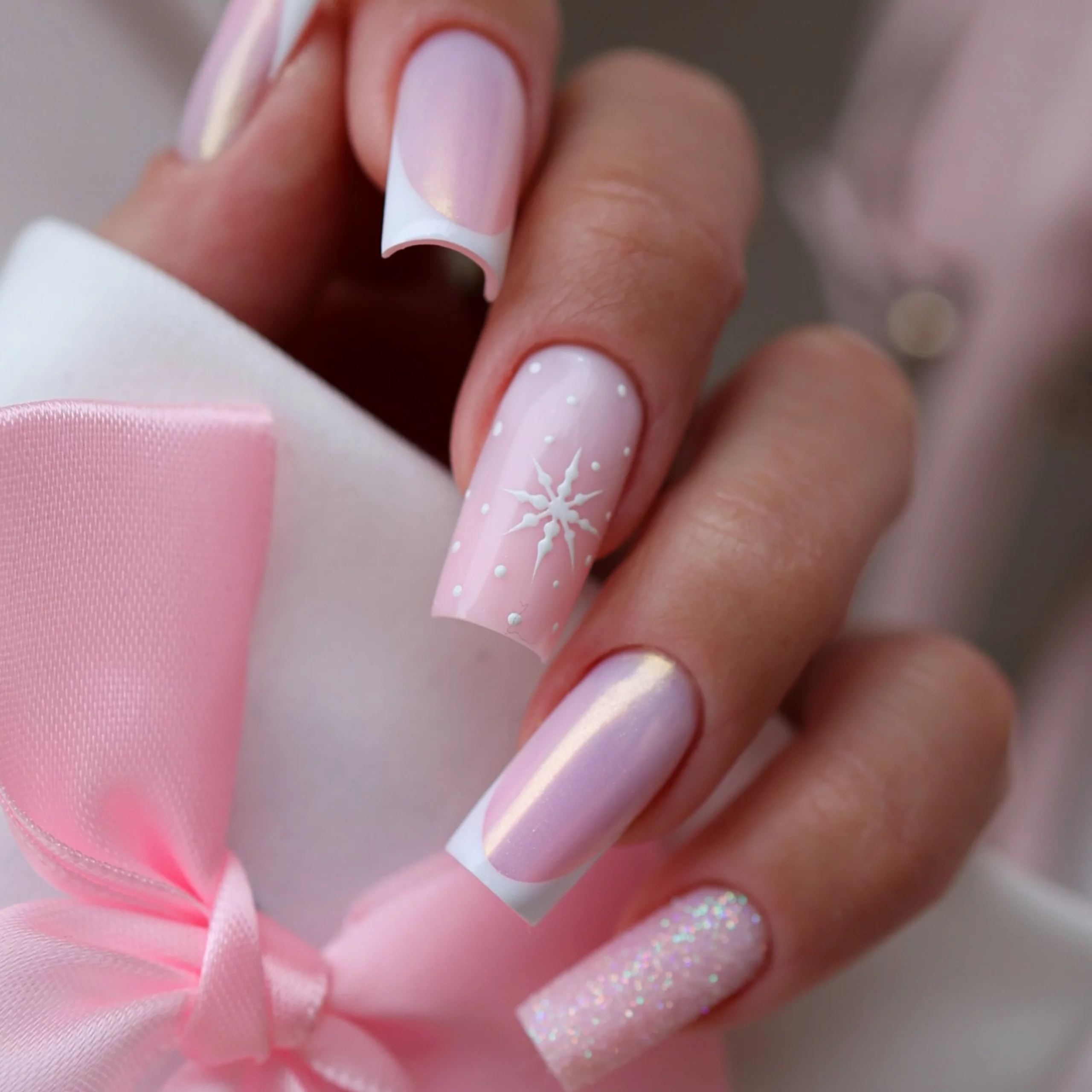Long Square Snowflakes Pearls Glitter — Everyday Winter Nails