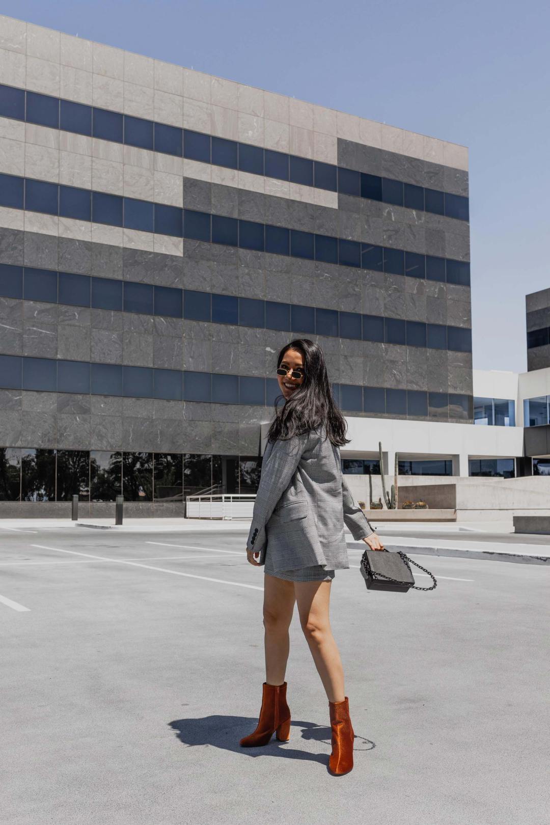Rust Orange Suede Ankle Boots with Plaid Blazer and Mini Skirt Rust Orange Suede Ankle Boots with Plaid Blazer and Mini Skirt — Ankle Boots Outfits