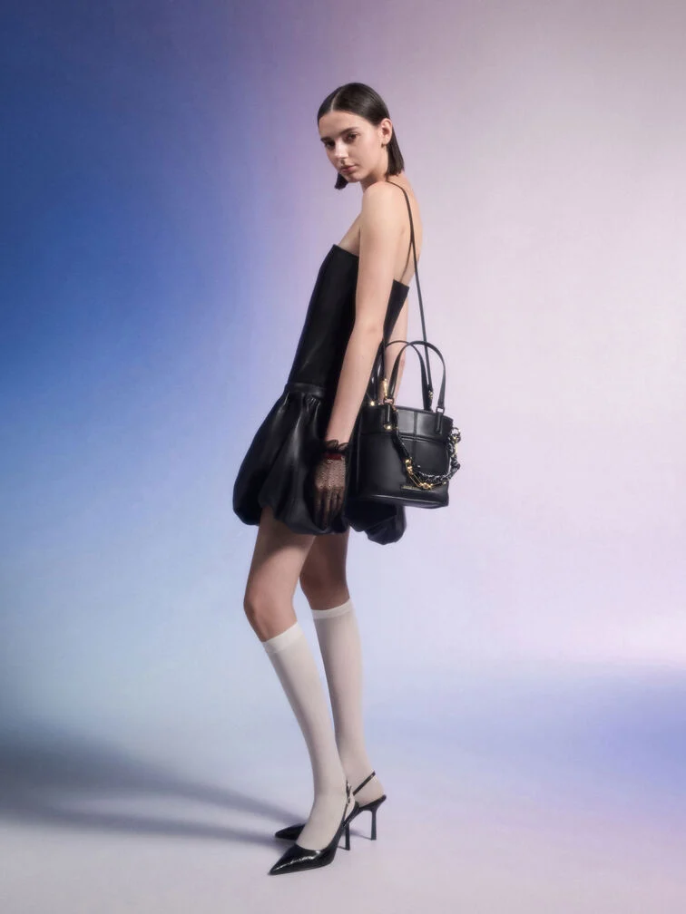 Faux Leather Mini Dress with Sheer Gloves and Puffy Hem — Baddie Winter Outfits
