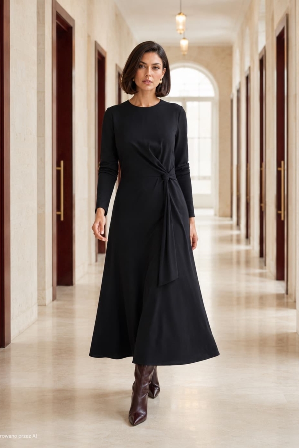 Black Long-Sleeved Midi Dress with Knot Detail Black Long-Sleeved Midi Dress with Knot Detail — Winter Formal Dresses