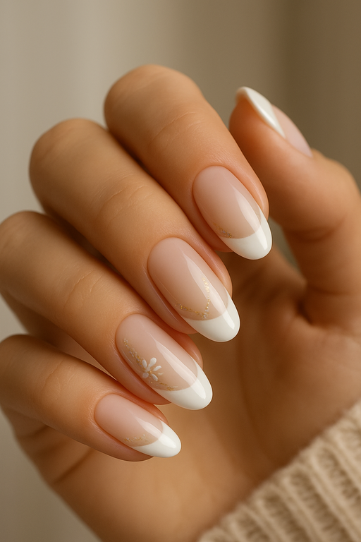 Nude French with Gold Lines and Floral Accent — Classy Winter Nails