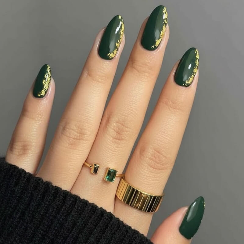 Forest Green Gold Foil Accents Almond Forest Green Gold Foil Accents Almond — Winter Green Nails