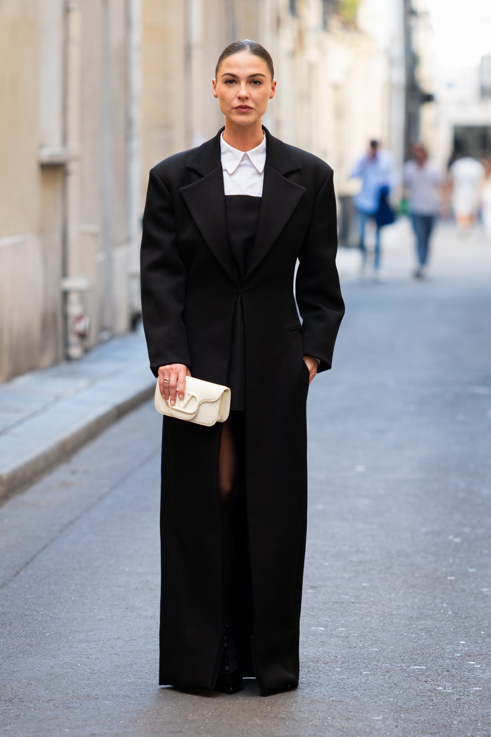 Sharp Black Long Coat with Exaggerated Lapels — Long Coat Outfits