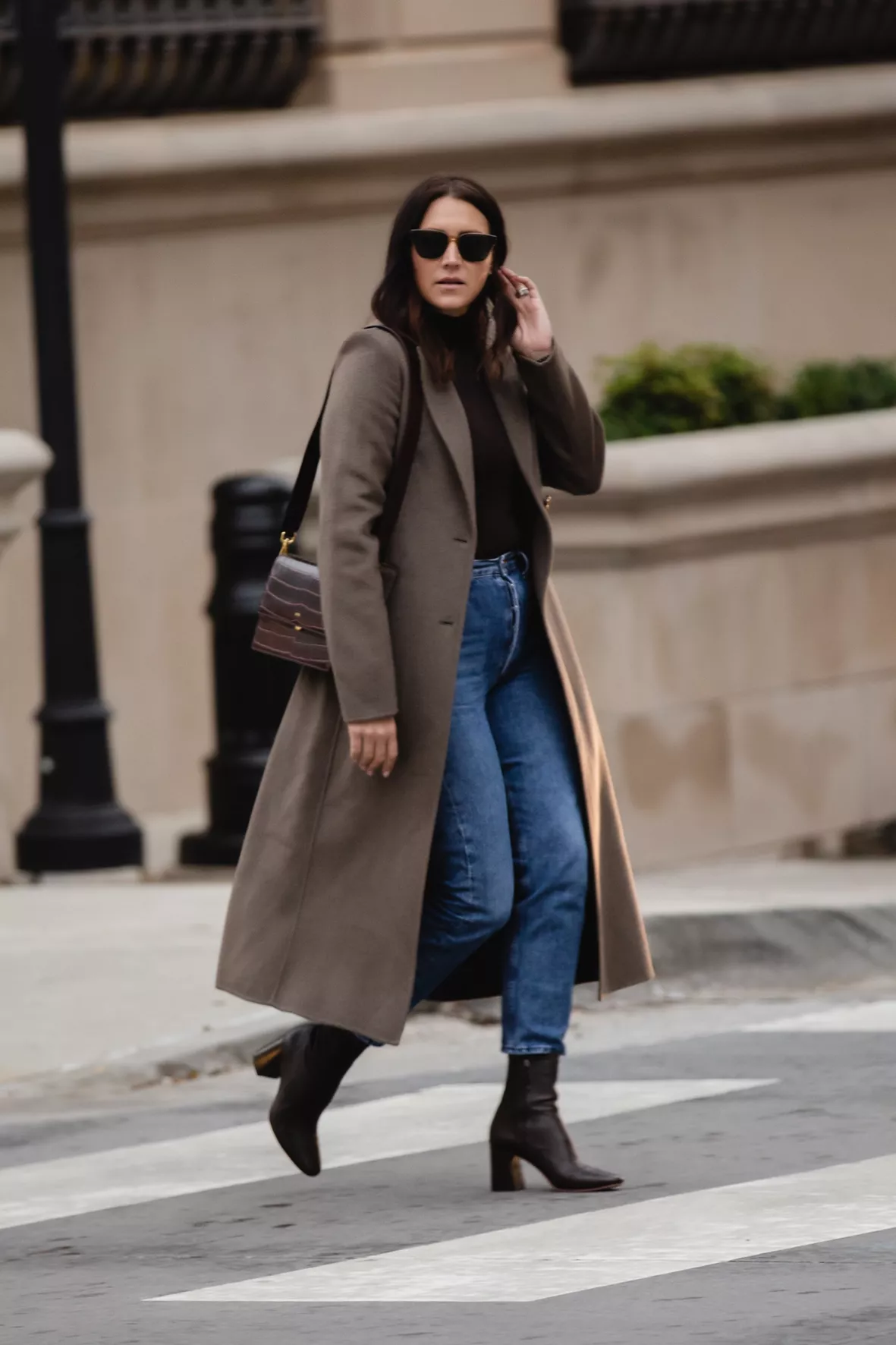 Elevate Casual Denim with a Long Brown Wool Coat and Turtleneck Elevate Casual Denim with a Long Brown Wool Coat and Turtleneck — Brown Coat Outfits