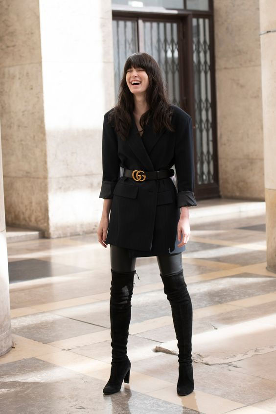 Sophisticated Power: Blazer Dress and Suede Over-the-Knee Boots Sophisticated Power: Blazer Dress and Suede Over-the-Knee Boots — Over the Knee Boots Outfits