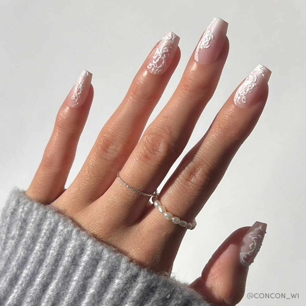 Sheer Pink White Lace Coffin Nails Sheer Pink White Lace Coffin Nails — Winter Coffin Nails