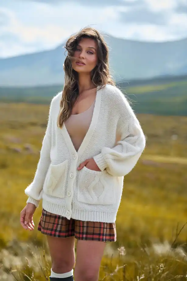 Cream Cable-Knit Cardigan with Plaid Shorts Cream Cable-Knit Cardigan with Plaid Shorts — Cold Weather Outfits