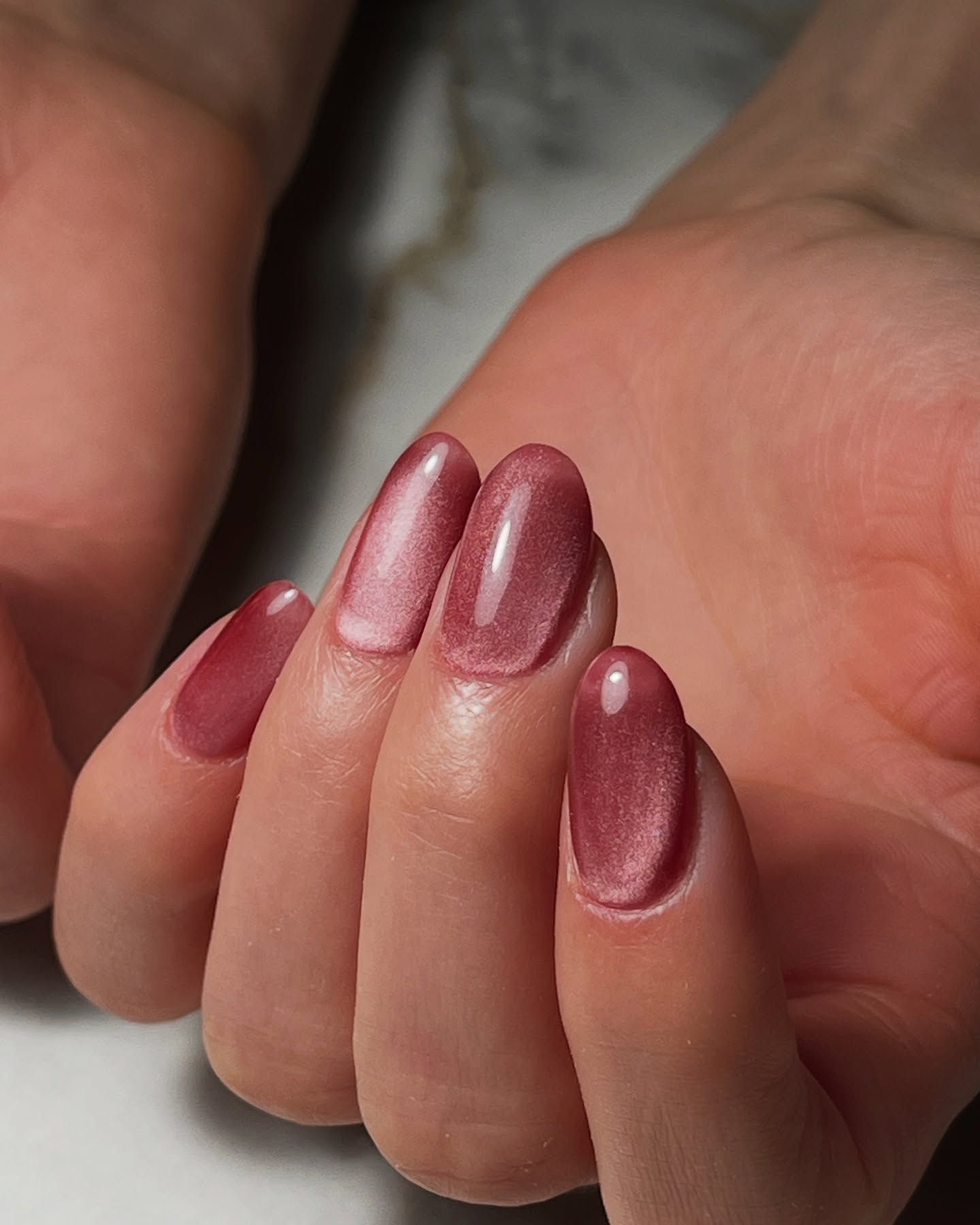 Rose Gold Cat-Eye Shimmer Almond Rose Gold Cat-Eye Shimmer Almond — Winter Nail Colors for Women Over 60