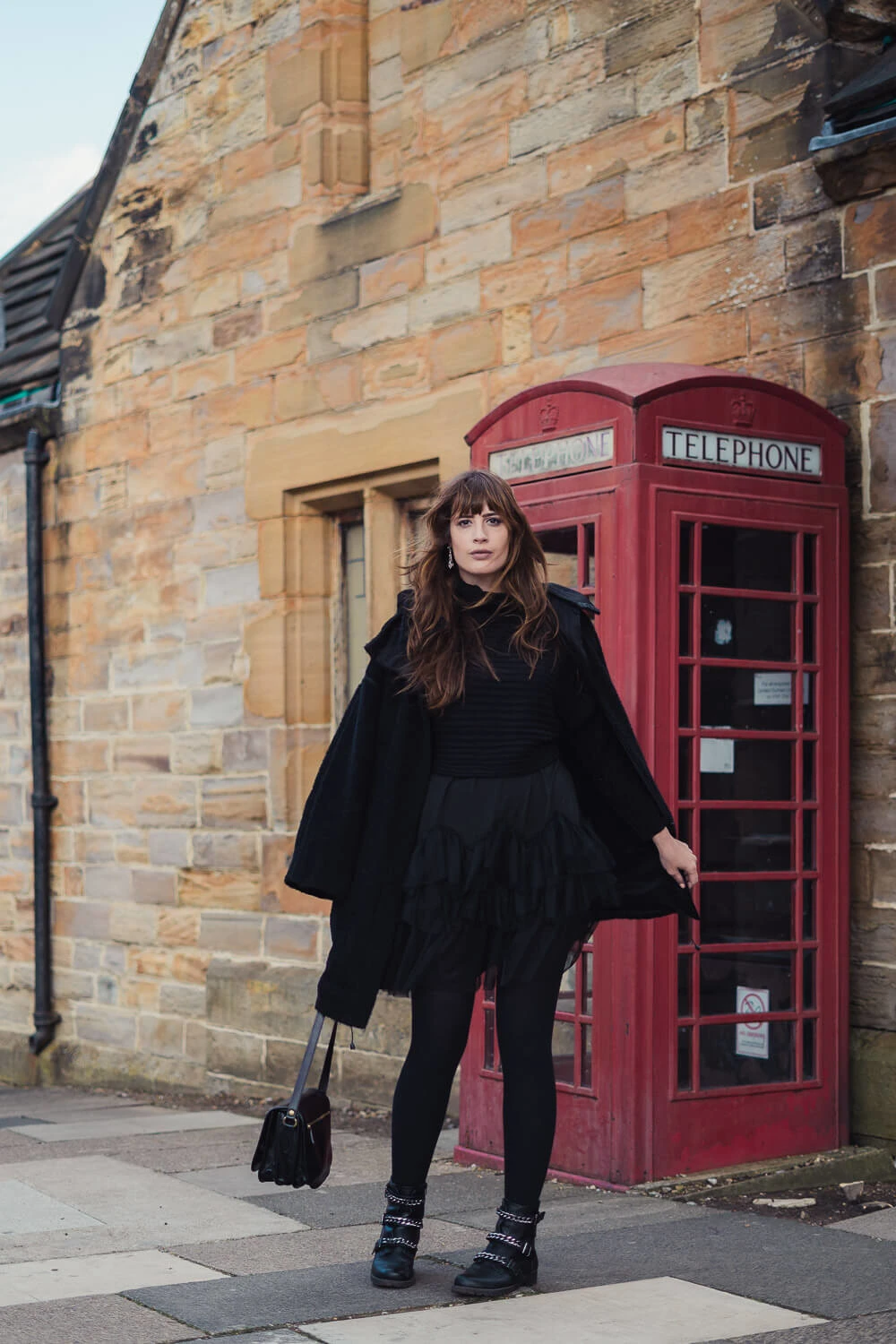 Edgy Texture Play: Ruffled Tulle Skirt with Cape and Combat Boots Edgy Texture Play: Ruffled Tulle Skirt with Cape and Combat Boots — All Black Winter Outfits