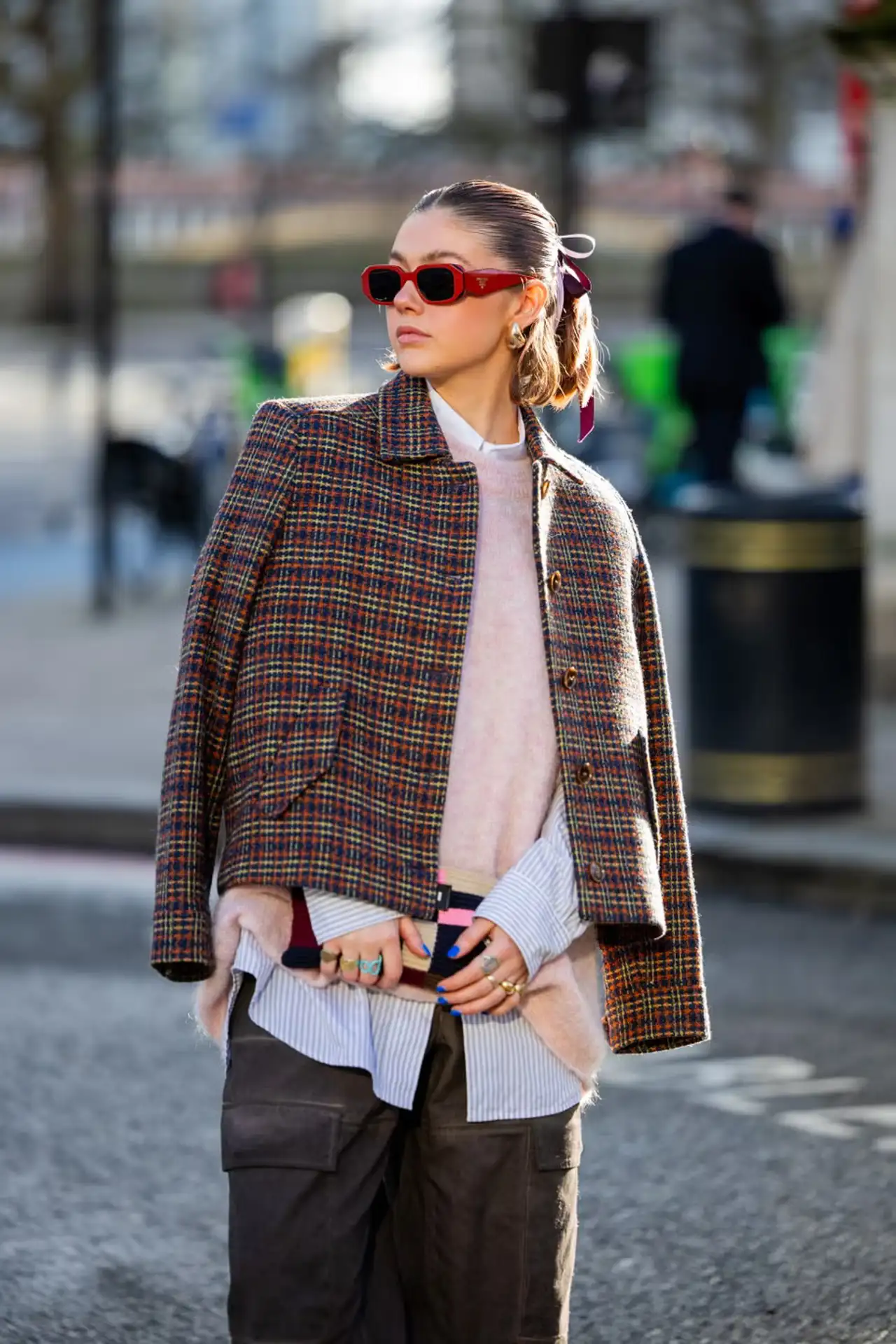 Plaid Cropped Jacket Over Striped Top and Knit Vest — Winter Layering Outfits