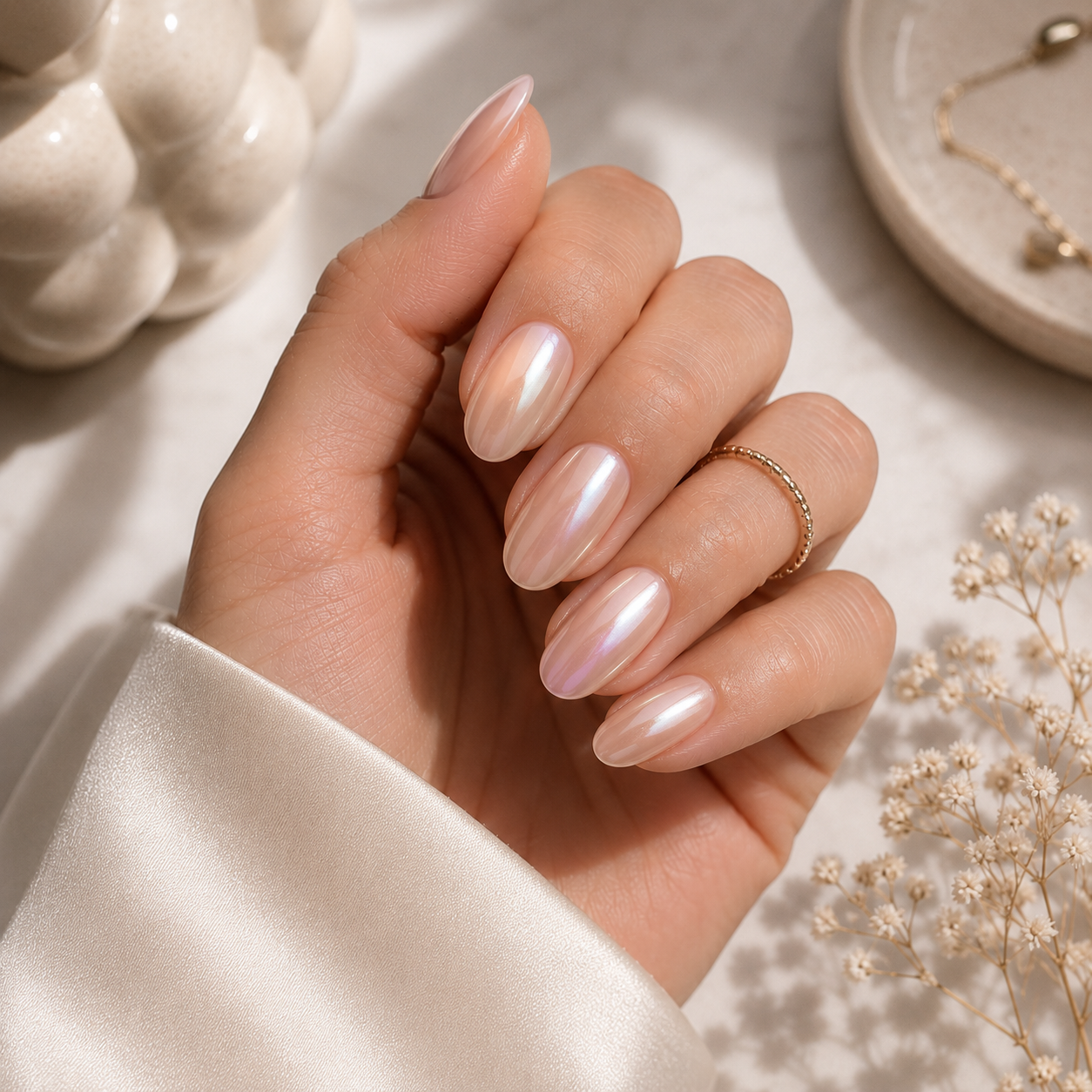 Shimmering Pearlescent Visual Idea — Winter Nude Nails