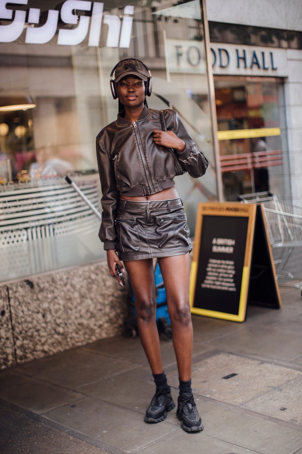 Brown Faux Leather Mini Skirt with Cropped Bomber Jacket Brown Faux Leather Mini Skirt with Cropped Bomber Jacket — Leather Skirt Outfits