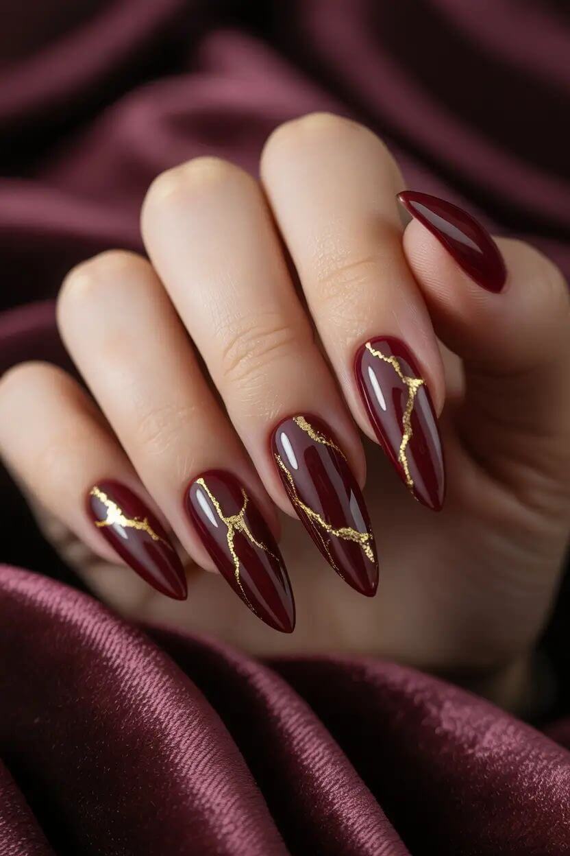 Burgundy with Gold Foil Crackle Almond Nails — Winter Almond Nails