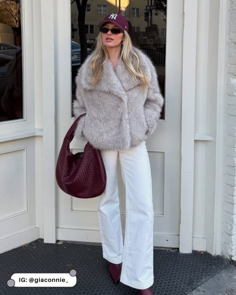 Relaxed Daytime Style: Light Grey Faux Fur Coat with White Denim Relaxed Daytime Style: Light Grey Faux Fur Coat with White Denim — Faux Fur Coat Outfits