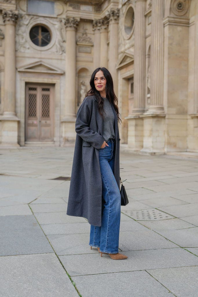 Long Grey Coat Over Crewneck Sweater and Wide Leg Jeans Long Grey Coat Over Crewneck Sweater and Wide Leg Jeans — Winter Outfits with Wide Leg Jeans