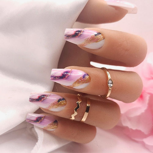 Extra Long Pink Purple Gold Marble Nails — Winter Marble Nails