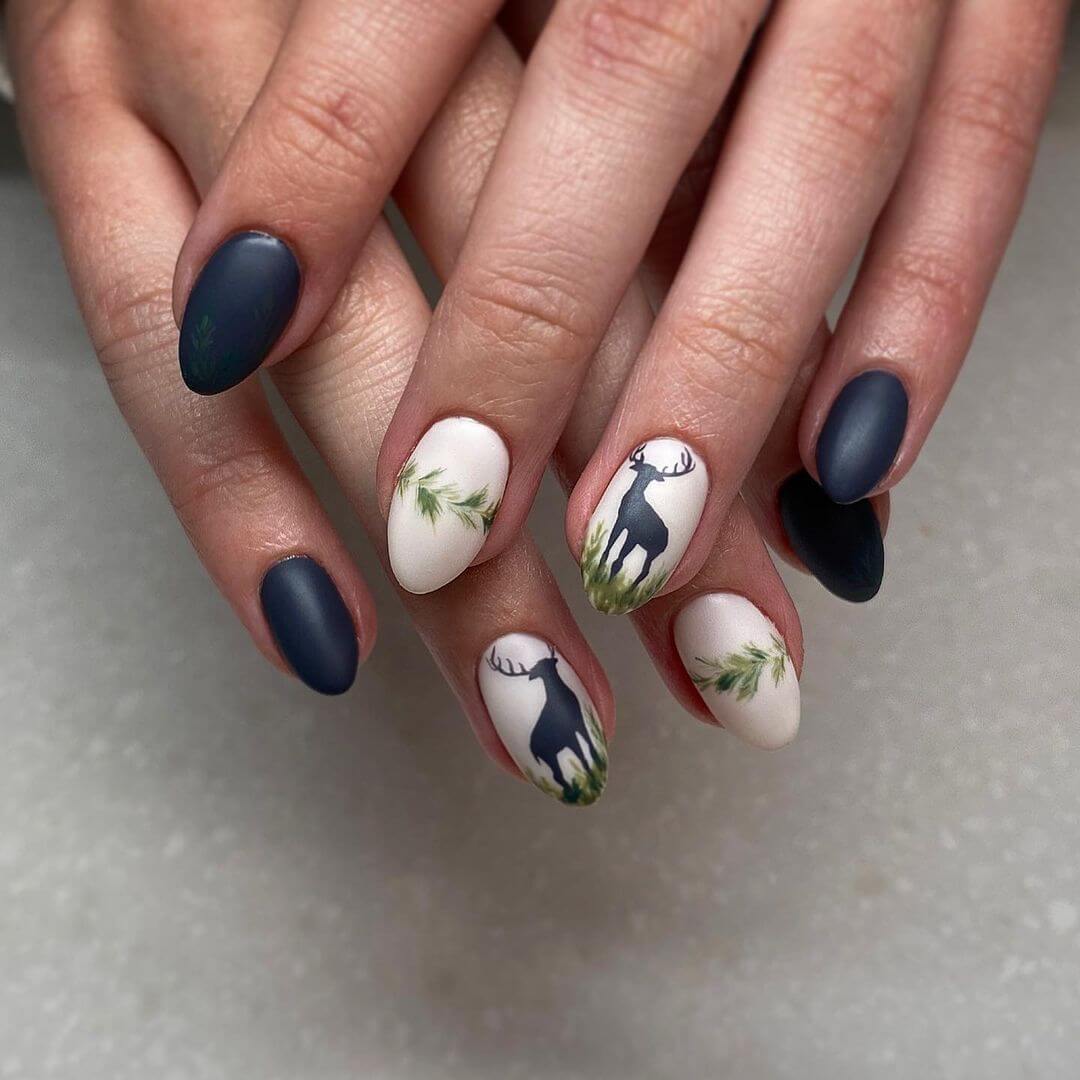 Matte Navy with Deer Motif Nails — Short Winter Gel Nails