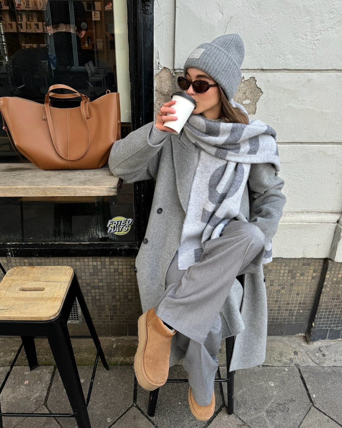Oversized Grey Scarf and Beanie with Wool Coat for Winter Warmth Oversized Grey Scarf and Beanie with Wool Coat for Winter Warmth — Winter Work Outfits